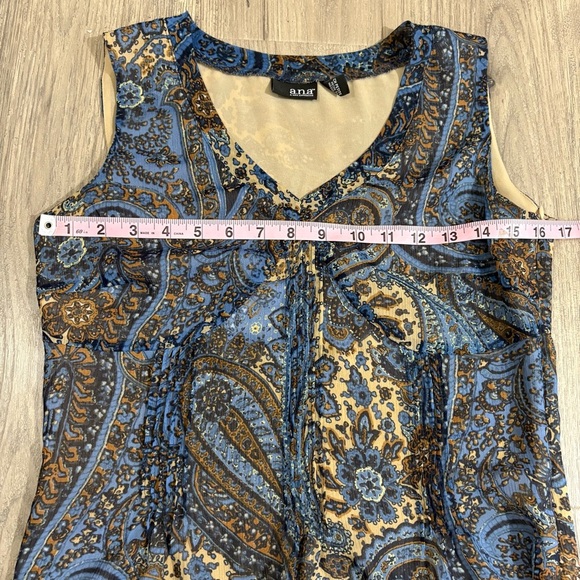 A.N.A A New Approach Blue Brown Beige Paisley Pleated V-Neck Tank Top Sz SP Boho - Picture 6 of 9